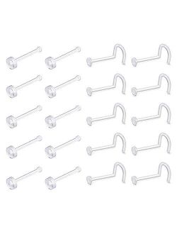 20G 24pcs Clear Nose Rings Clear Acrylic Nose Rings Bioflex Studs Screw Retainer Body Piercing Jewelry for Men Women