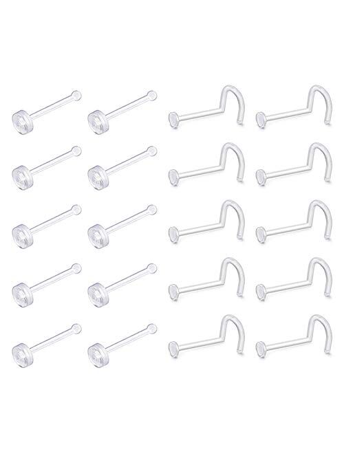 D.Bella 20G 24pcs Clear Nose Rings Clear Acrylic Nose Rings Bioflex Studs Screw Retainer Body Piercing Jewelry for Men Women