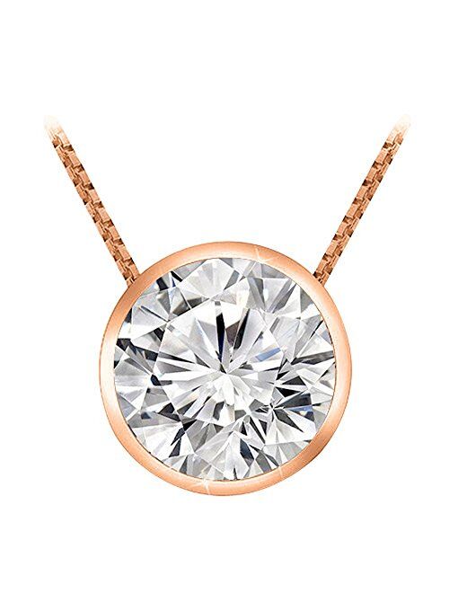 Houston Diamond District 0.5 Carat Round Diamond Bezel Solitaire Pendant Necklace H-I Color I2 Clarity w/ 18" 14K Gold Chain