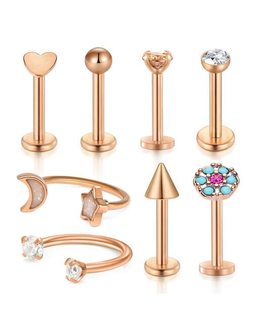 D.Bella Cartilage Tragus Earrings, 16G Stainless Steel Labret Monroe Medusa Lip Rings Rook Daith Forward Helix Earring Stud Barbell Piercing Jewelry 8mm 5/16" Rose Gold