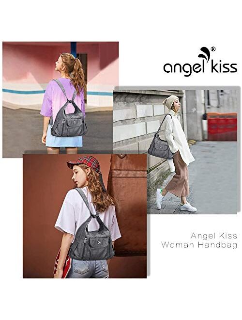 Angel Kiss Women Handbags Shoulder Bags Washed Leather Satchel Tote Bag Mutipocket Purse