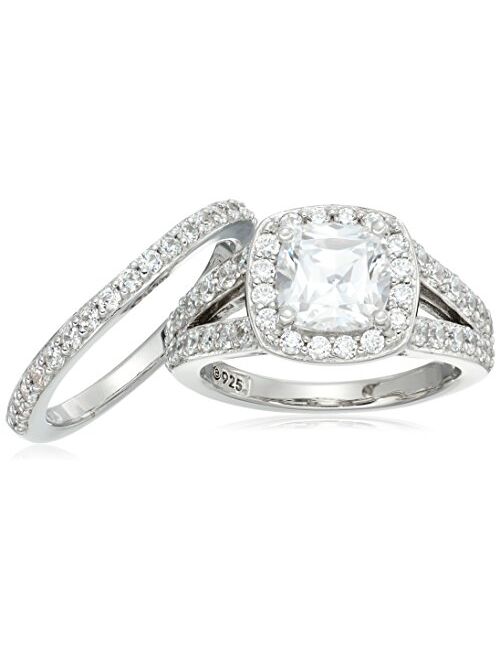 Platinum-Plated Sterling Silver Swarovski Zirconia Cushion Halo Ring Set