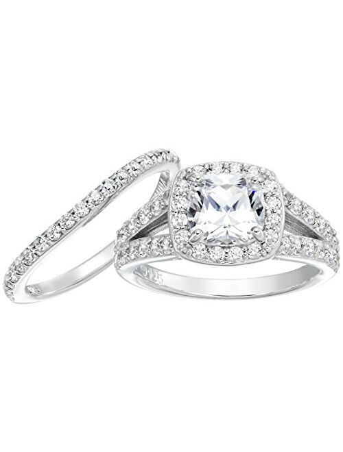 Platinum-Plated Sterling Silver Swarovski Zirconia Cushion Halo Ring Set