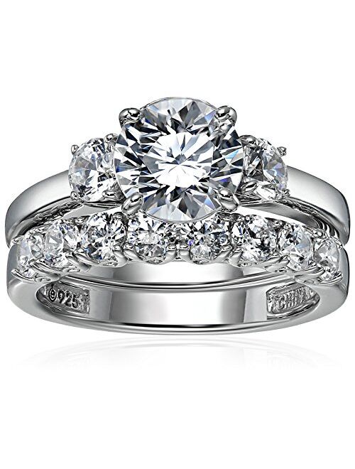 Platinum-Plated Sterling Silver Swarovski Zirconia Round-Cut Three-Stone Ring Set