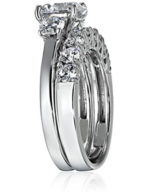 Platinum-Plated Sterling Silver Swarovski Zirconia Round-Cut Three-Stone Ring Set