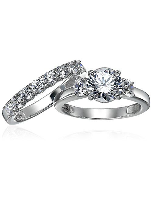 Platinum-Plated Sterling Silver Swarovski Zirconia Round-Cut Three-Stone Ring Set