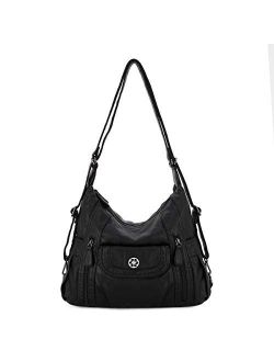 Satchel Handbag for Women, Ultra Soft Washed Vegan Leather Crossbody Bag, Shoulder Bag, Tote Purse (CA-0118#K022#1ABLACK)
