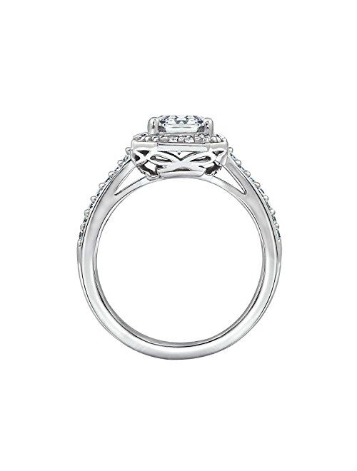 Platinum or Gold Plated Sterling Silver Asscher-Cut Halo Ring Set with Swarovski Zirconia