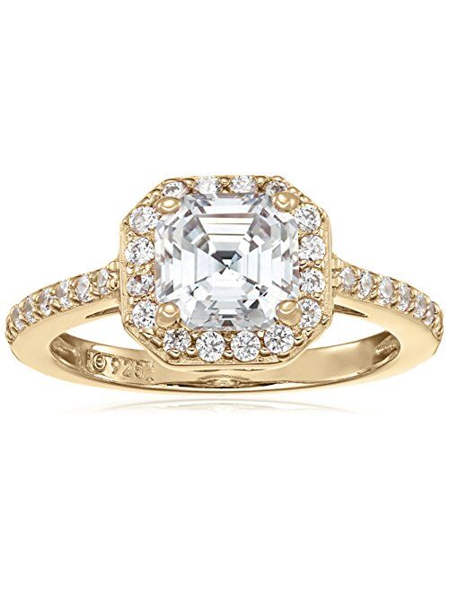 Platinum or Gold Plated Sterling Silver Asscher-Cut Halo Ring Set with Swarovski Zirconia