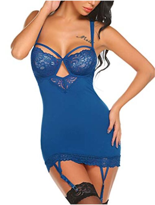 Avidlove Women Lingerie Teddy Bodysuit with Garter Belt Lace Babydoll Full Slips No Stockings