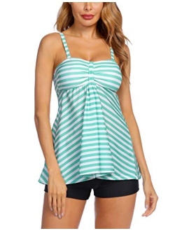 Women Tankini Swimsuits Two Piece Bathing Suit with Shorts Retro Sailor Stripe Dot Tankini Set