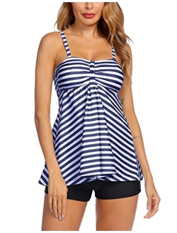 Women Tankini Swimsuits Two Piece Bathing Suit with Shorts Retro Sailor Stripe Dot Tankini Set