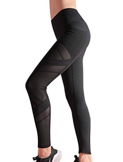 Women's Stretchy Mesh Workout Leggings Yoga Tights High Waisted Yoga Pants with Pockets Athletic Leggings for Women