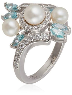 Platinum-Plated Sterling Silver Freshwater Pearl Bypass Ring made with Swarovski Zirconia