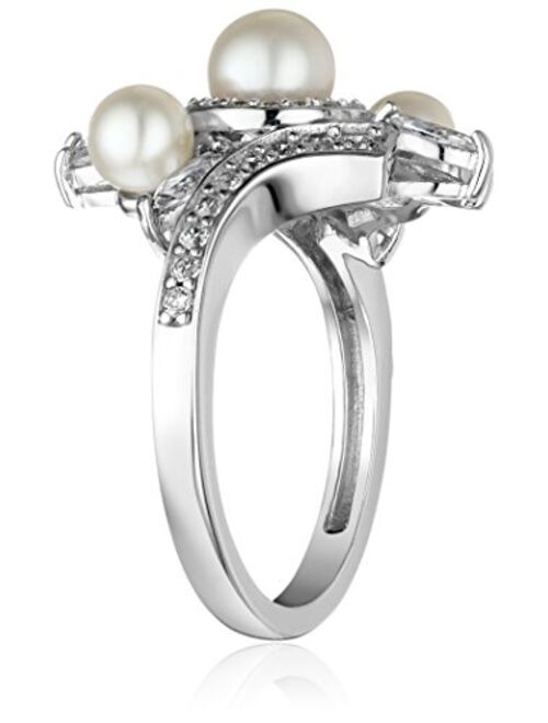 Platinum-Plated Sterling Silver Freshwater Pearl Bypass Ring made with Swarovski Zirconia