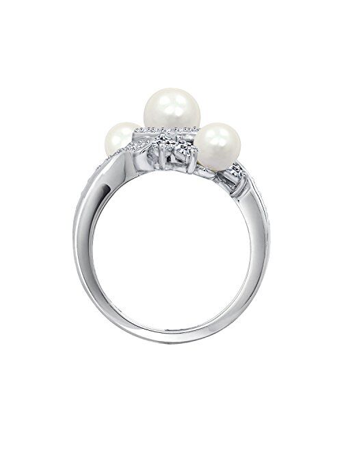 Platinum-Plated Sterling Silver Freshwater Pearl Bypass Ring made with Swarovski Zirconia