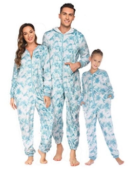 Family Matching Pajamas Set Fleece Onesie Sleepwear Christmas Parent-Child Zipper Jumpsuit with Pocket