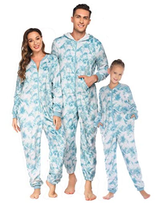 Ekouaer Family Matching Pajamas Set Fleece Onesie Sleepwear Christmas Parent-Child Zipper Jumpsuit with Pocket