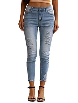 Muhadrs Women's Stretch Skinny Ripped Distressed Jeans Classic Destroyed Hole Jeans