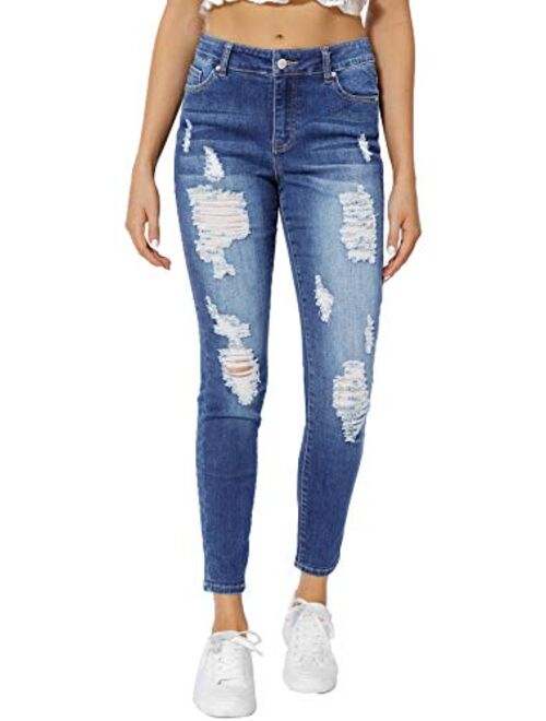 Muhadrs Women's Stretch Skinny Ripped Distressed Jeans Classic Destroyed Hole Jeans