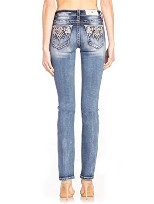 Miss Me Women's Mid-Rise Straight Leg Jeans with Embroidery Designs