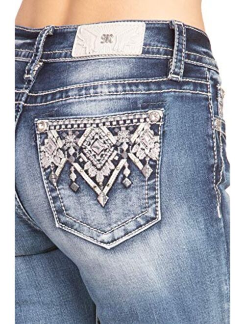 Miss Me Women's Mid-Rise Straight Leg Jeans with Embroidery Designs