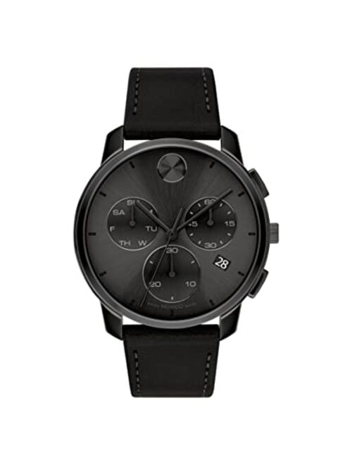 Movado Men's Swiss Chronograph Bold Black Leather Strap Watch 42mm