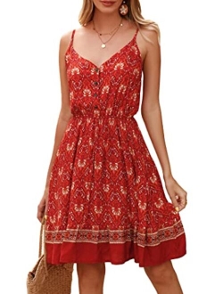 Womens Floral V Neck Spaghetti Strap Button Down Sundress Swing Ruffle Summer Mini Short Dress