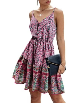 Womens Floral V Neck Spaghetti Strap Button Down Sundress Swing Ruffle Summer Mini Short Dress