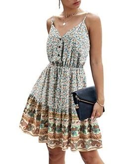 Womens Floral V Neck Spaghetti Strap Button Down Sundress Swing Ruffle Summer Mini Short Dress