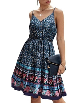 Womens Floral V Neck Spaghetti Strap Button Down Sundress Swing Ruffle Summer Mini Short Dress