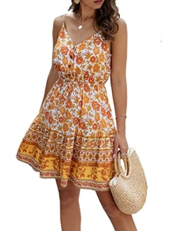 Womens Floral V Neck Spaghetti Strap Button Down Sundress Swing Ruffle Summer Mini Short Dress