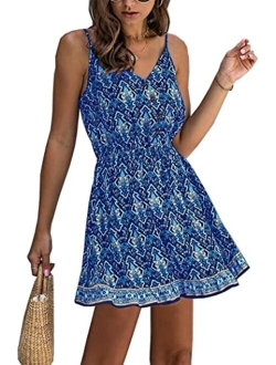 Womens Floral V Neck Spaghetti Strap Button Down Sundress Swing Ruffle Summer Mini Short Dress