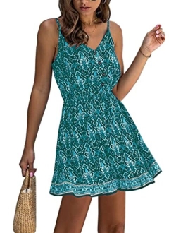 Womens Floral V Neck Spaghetti Strap Button Down Sundress Swing Ruffle Summer Mini Short Dress