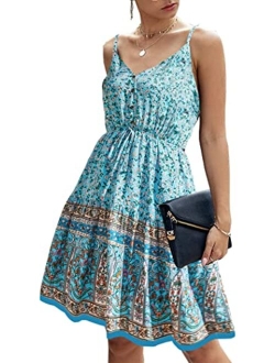 Womens Floral V Neck Spaghetti Strap Button Down Sundress Swing Ruffle Summer Mini Short Dress
