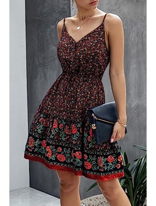 PRETTYGARDEN Women’s Floral V Neck Spaghetti Strap Button Down Sundress Swing Ruffle Summer Mini Short Dress