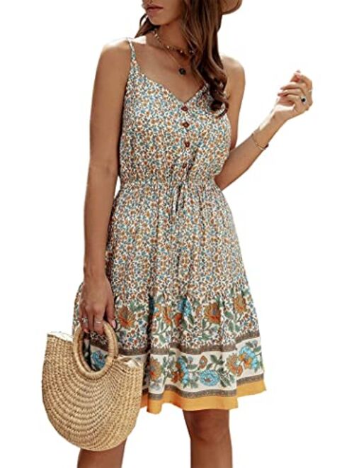 PRETTYGARDEN Women’s Floral V Neck Spaghetti Strap Button Down Sundress Swing Ruffle Summer Mini Short Dress