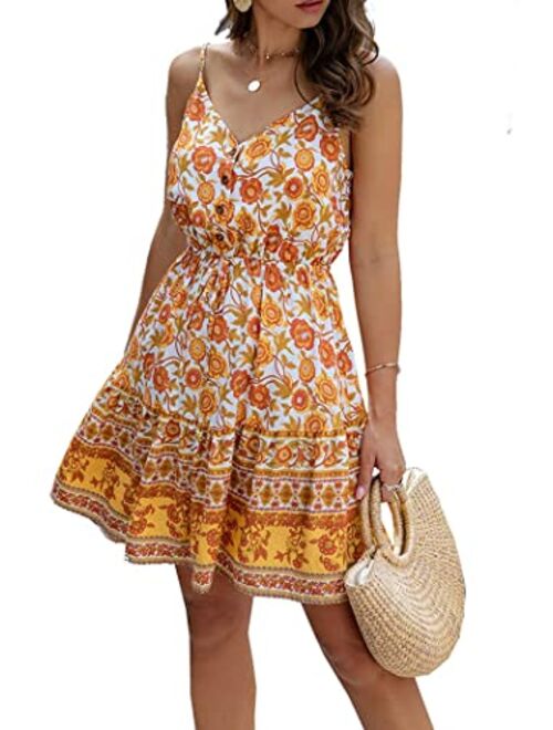 PRETTYGARDEN Women’s Floral V Neck Spaghetti Strap Button Down Sundress Swing Ruffle Summer Mini Short Dress