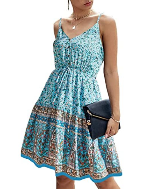 PRETTYGARDEN Women’s Floral V Neck Spaghetti Strap Button Down Sundress Swing Ruffle Summer Mini Short Dress