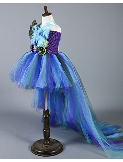 Tutu Dreams Deluxe Long Train Peacock Dress for Girls 2-12Y Flower Girl Birthday Party