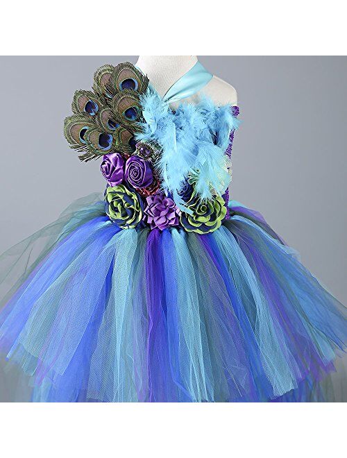 Tutu Dreams Deluxe Long Train Peacock Dress for Girls 2-12Y Flower Girl Birthday Party