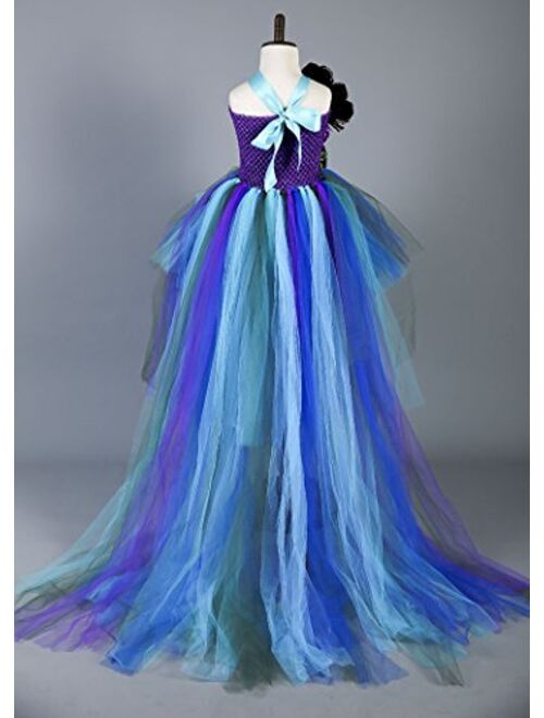 Tutu Dreams Deluxe Long Train Peacock Dress for Girls 2-12Y Flower Girl Birthday Party