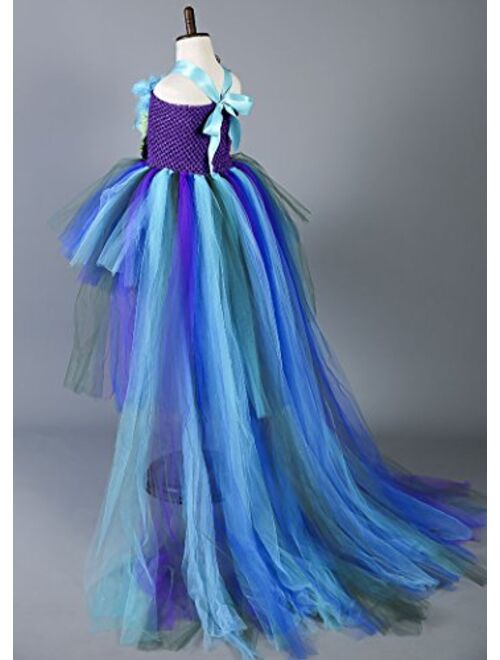 Tutu Dreams Deluxe Long Train Peacock Dress for Girls 2-12Y Flower Girl Birthday Party