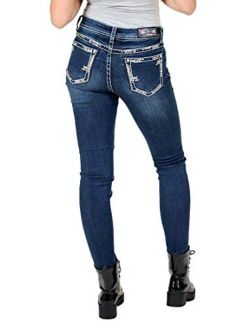 Grace in LA Mid Rise Easy Skinny Rhinestone Arrow Embroidered Stretch Jeans