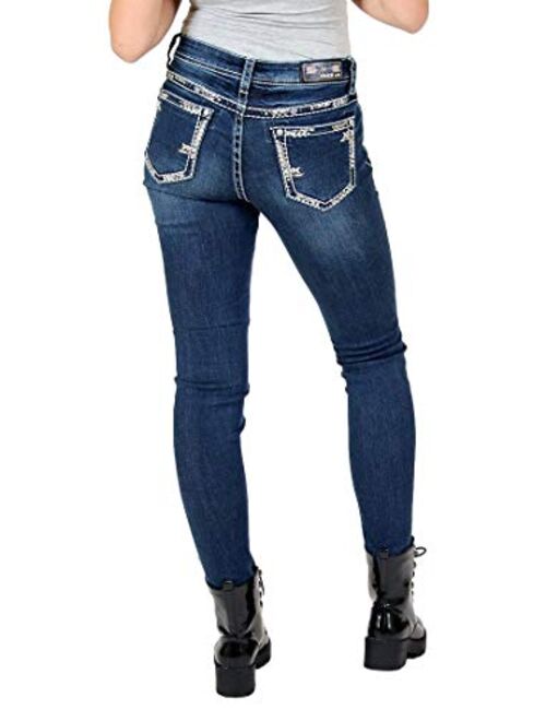 Grace in LA Mid Rise Easy Skinny Rhinestone Arrow Embroidered Stretch Jeans