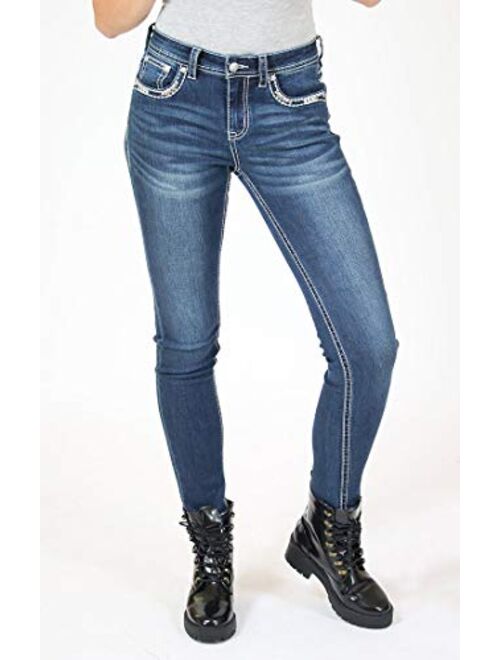 Grace in LA Mid Rise Easy Skinny Rhinestone Arrow Embroidered Stretch Jeans