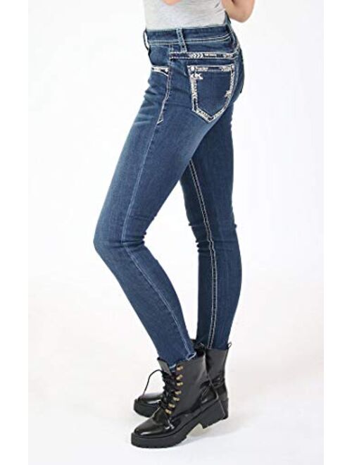 Grace in LA Mid Rise Easy Skinny Rhinestone Arrow Embroidered Stretch Jeans