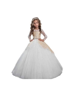 Vintage Flower Girls First Communion Dresses with Lace Sleeves Long Pageant Ball Gown