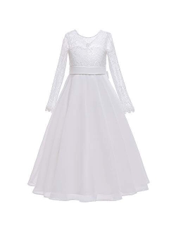 Flower Girls Lace Top Chiffon Shirt Long Sleeve First Communion Dress