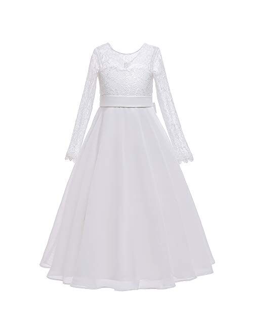 Flower Girls Lace Top Chiffon Shirt Long Sleeve First Communion Dress